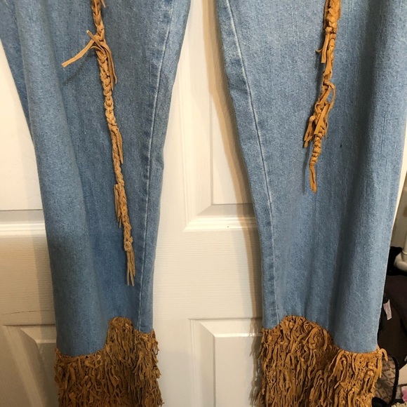INDUSTRIATTO size 12 blue wide leg jeans with leather fringe made in Italy - Picture 10 of 13